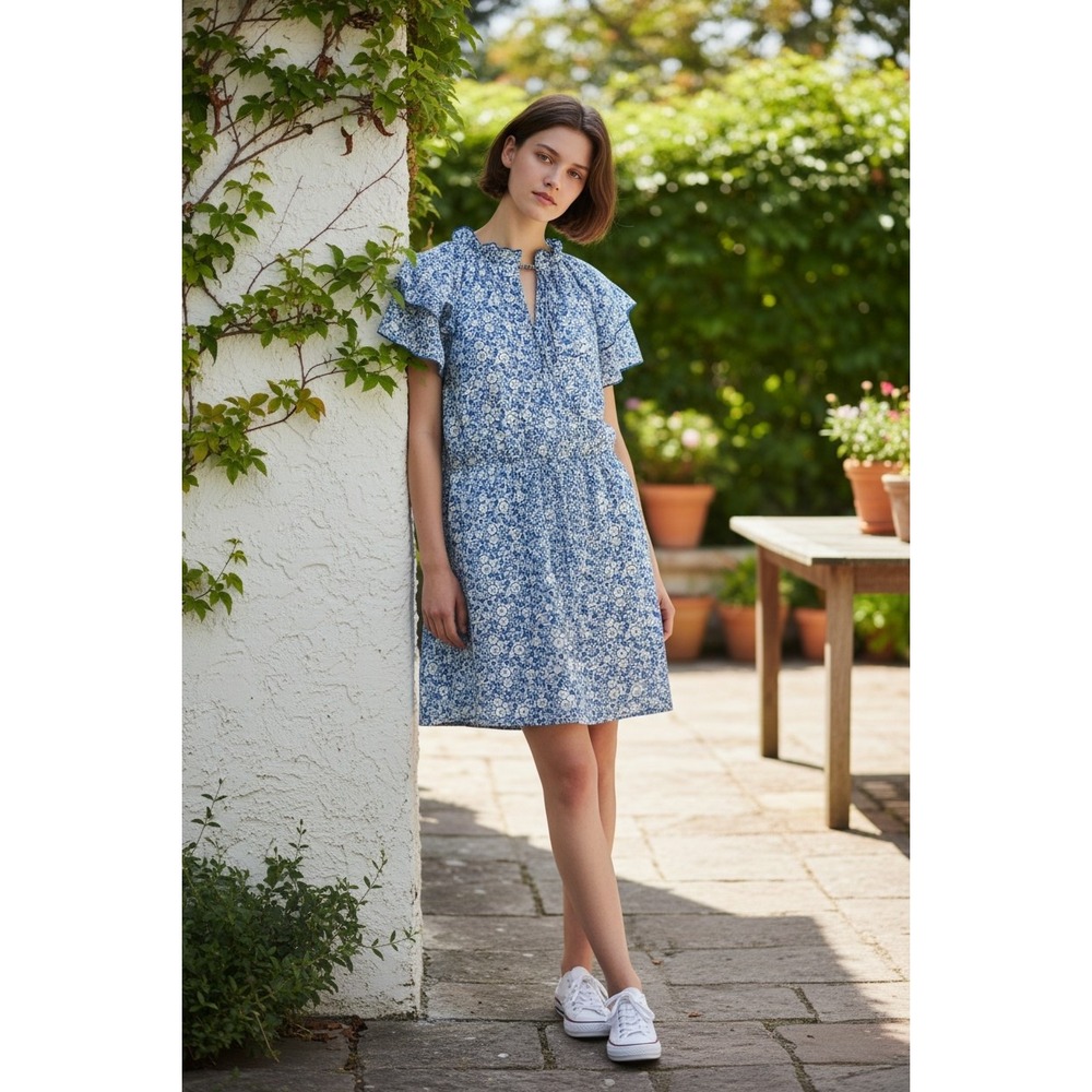 Olivia James The Label Blue Floral Mini Dress XS Cottagecore Preppy Boho Summer‎